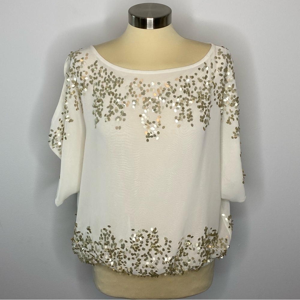 Caché Sheer Cold Shoulder Sequin Trim Top